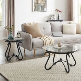 2 Piece Tempered Glass Surface Coffee Table Set, Decor Coffee Table Round End Side Table with Sturdy Construction for Living Room