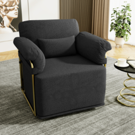 360 Degree Square Swivel Accent Sofa Chair,Fluffy Fabric Lounge Wide Upholstered Reading Chair With Gold Metal Legs, Comfortable Armchair For Liv (Color: Black)
