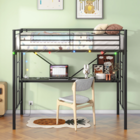 Twin Metal Loft Bed With Desk, Power Outlet And LED Lighted , Safety Guard & Ladder, No Box Spring Needed, Black (Color: Black)