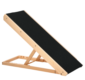 Foldable Pet Ramp With Non-slip Carpet Height Adjustable Pine Wood For Dogs Cats Black (Color: Black)