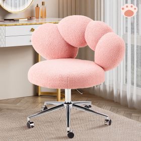 Armless Desk Chair Teddy Fabric Vanity Chair With Wheel (Color: Pink)
