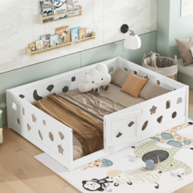 Full Size Floor Bed With Heightened Safety Guardrails And Door, Solid Wood Bedframe With Rails For Girls, Boys, Teens, Child Bedroom, Kids Playro (Color: White)