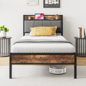 Twin Size Bed Frame, Storage Headboard With Charging Station, Solid And Stable, No Box Spring Needed, Easy Assembly (Color: Black)