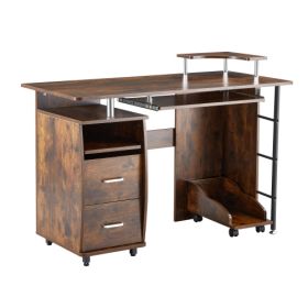 D&N Solid Wood Computer Desk,office Table With PC Droller, Storage Shelves And File Cabinet , Two Drawers, CPU Tray,a Shelf Used For Planting, Si (Option: Antique brown)