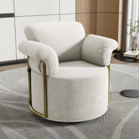 360 Degree Barrel Swivel Accent Sofa Chair,Fluffy Fabric Lounge Wide Upholstered Reading Chair With Gold Metal Legs, Comfortable Round Armchair F (Color: Beige)