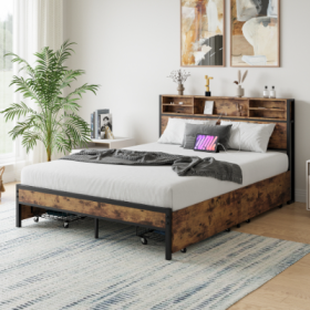 Queen Size Bed Frame With 4 Storage Drawers, Metal Platform Bed With Wooden Headboard And Charging Station, No Box Spring Needed, Noise Free, Eas (Option: Antique brown)