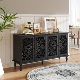 60 Antique Buffet Cabinet With Floral Carvings With Solid Wood Legs&Antique Brass Handles&Adjustable Shelves, TV Stand For 65'' TV, Sideboard For (Color: Black)