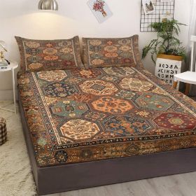 3pcs Retro Bohemian Geometric Style Minimalist Comfort Series Bed Fitted Sheet And Two Pillowcases Bedding For All Seasons Use (Option: Queen-Brown)