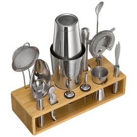 Cocktail Shaker Set, 13-Piece Stainless Steel Bar Tools with Bamboo Stand, Boston Bartender Kit Accessories | Mixer Spoon, Muddler, Jigger, Strainer