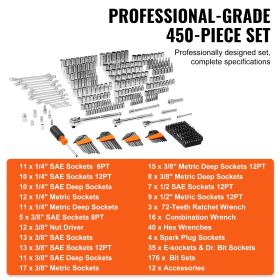 Mechanics Tool Set and Socket Set, 1/4" 3/8" 1/2" Drive Deep and Standard Sockets, 450 Pcs SAE and Metric Mechanic Tool Kit with Bits, Hex Wrenches