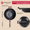 WANGYUANJI 13.4" Cast Iron Wok, Craft Wok Chinese Wok, Flat Bottom Iron Woks with Class Lid, Fry Pan Suitable for Induction, Electric, Gas