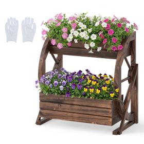 2-tier Raised Garden Bed Rustic Wood Wagon Planter With Drainage Holes And Semi-wheels For Growing Flowers Or Displaying Potted (Option: Coffee)