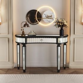 47 Half  Moon Mirrored Console Table With Fluted Glass  Crystal Knob Drawer  Silver Entryway Vanity Desk For BedroomDressing RoomGold Sliver (Option: Antique Black)