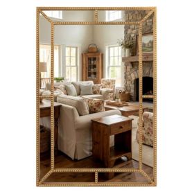 36"x24" Gold Beaded Metal Frame Decorative Wall Mirror, High-Definition Distortion-Free Mirror (Option: defaulttitle)