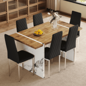 Table And Chair Set.Natural Wood Grain MDF Dining Table  55x31.5 Inch.Paired With 6 Modern Style Dining Chairs In Light Gray, Essential For Minimalist (Option: BlackSilver)