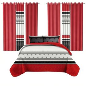 9 Piece Room In A Bag Quilt And Curtain Set, US Designer Red And Black Geometric Chevron Heavyweight Bedspread With 6 Customizable Window Panels, (Option: Queen)