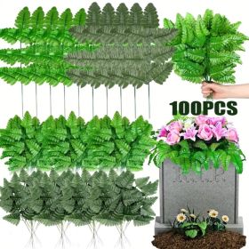 100 Pcs Artificial Silk Leaf Fern Artificial Greenery Stems Cemetery 15.75 Inch Faux Plant Bouquet Leaf Picks Fake Greenery Stems Fern Leaves For (Option: 100pcs)
