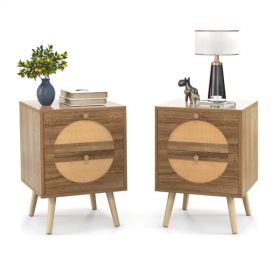 Set of 2 Bohemian 2-Drawer Bedside Table, 54.61×40.64×55.88 cm Natural Pine Wood Legs Nightstand, 88 lbs Capacity for Bedroom Living Room (Option: Default Title)