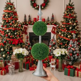 Artificial Tree Boxwood Topiary Two-Tier Natural Spheres D7x26.5in Artificial Plant Metal Stand Home Office Decor (Option: GREEN)