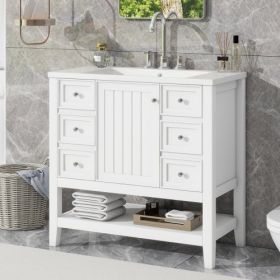 36 Bathroom Vanity With Sink, One Cabinet And Three Drawers, Solid Wood And MDF Board, (Color: White)
