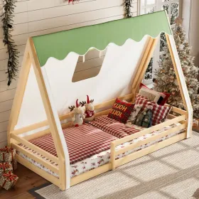 Twin Size House Floor Bed With Tent And Light, Solid Wood Teepee Floor Bed With Full-length Guardrails, Montessori And Childlike Design, Natural+ (Option: defaulttitle)