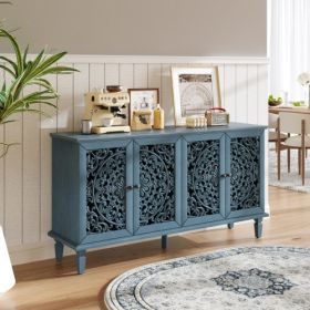 60 Antique Buffet Cabinet With Floral Carvings With Solid Wood Legs&Antique Brass Handles&Adjustable Shelves, TV Stand For 65'' TV, Sideboard For Livi (Option: Antique Blue)