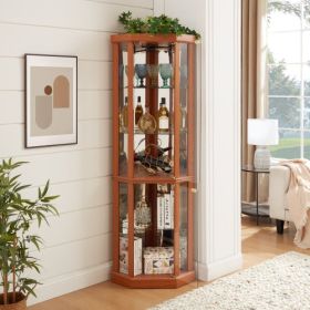 Corner Lighted Curio Cabinet Corner Glass Cabinet Lighted Curio Cabinet Corner Display Case For Living Room, Curio Cabinet, Antique Collection, Wine,B (Option: Cherry)