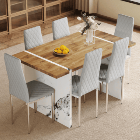 Table And Chair Set.Natural Wood Grain MDF Dining Table  55x31.5 Inch.Paired With 6 Modern Style Dining Chairs In Light Gray, Essential For Minimalist (Option: Light Gra)