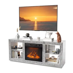 Silver Mirror Modern TV Stand With 18 Inch Fireplace Insert & Storage Shelves, Medium Density Fiberboard Fireplace TV Console For Living Room, 14 (Option: defaulttitle)