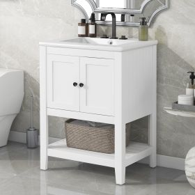 24 White Modern Sleek Bathroom Vanity Elegant Ceramic Sink With Solid Wood Frame Open Style Shelf (Color: White)