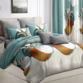 9-Piece Modern Floral Vase Bedding & Curtain Set (Queen/King/Cal King) - Quilted Microfiber Bedspread + Sheer Curtains (Option: Green Dot-TWIN)