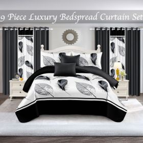 9-Piece Black And White Feather Bedspread And Curtain Set, Reversible Microfiber Bedding Set For King And California King (Option: California King)