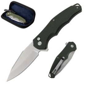 Folding Knife OD Green G10 Handle Pocket Knife, 14C28N Steel Thumb-Stud Outdoor Tools, Folding Knife Sheath (Option: GREEN)